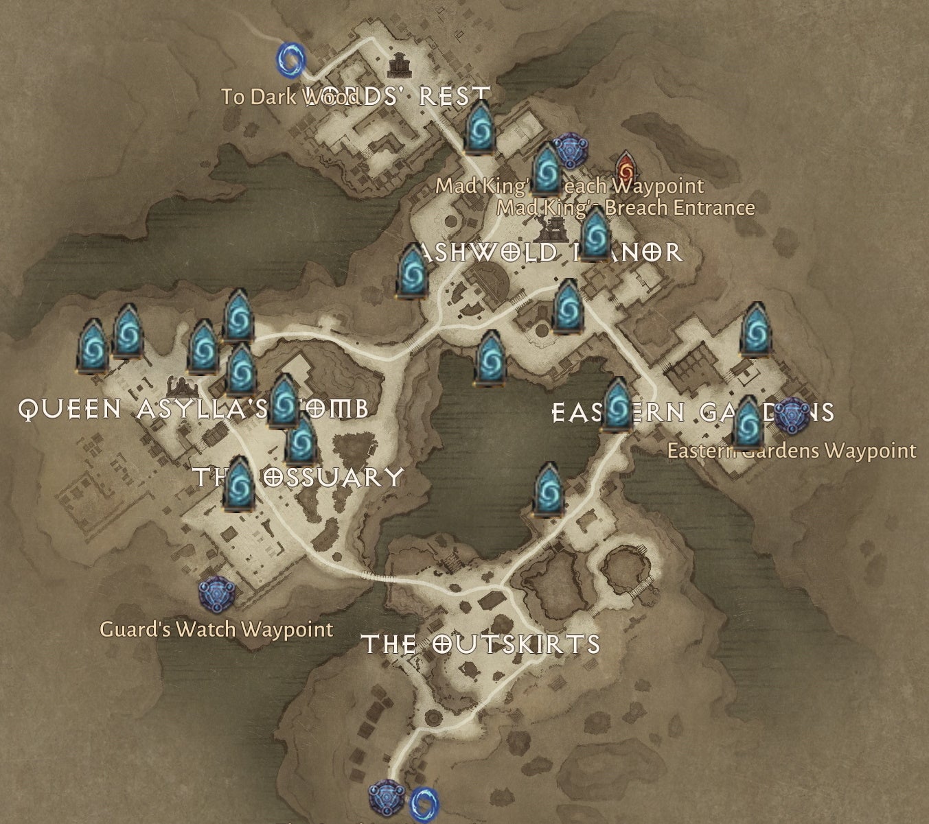 Diablo Immortal Hidden Lair locations including Ashwold Cemetery, Dark